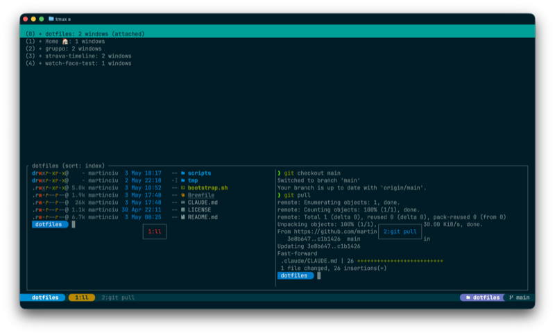 tmux session in Solarized Dark with hand-rolled status bar